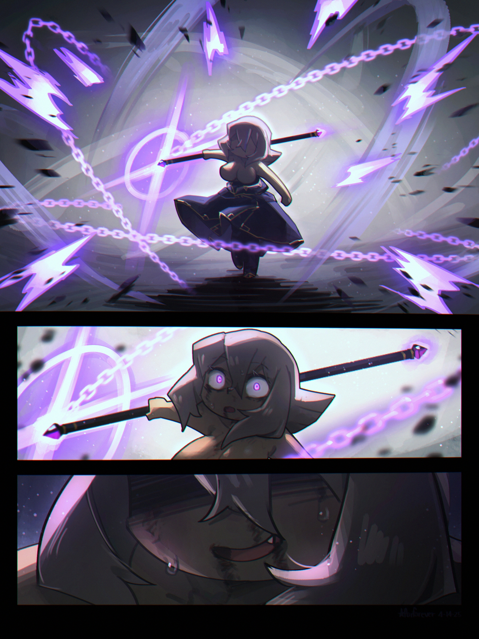 1girl absurdres blood blood_from_mouth chain fang flail_witch_(porforever) grey_hair highres holding holding_flail holding_weapon open_mouth original porforever purple_eyes solo sweatdrop topless_female weapon