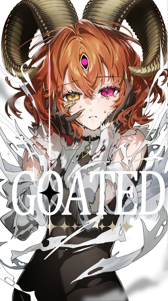 1girl black_bodysuit black_choker bodysuit brown_horns chaldea_logo character_name choker command_spell cosplay cover cover_page covered_navel crossed_bangs crying crying_with_eyes_open curled_horns dark_young_(fate) dark_young_(fate)_(cosplay) demon_girl doujin_cover fate/grand_order fate_(series) fingernails fujimaru_ritsuka_(female) galibo goat_horns hair_between_eyes hands_on_own_face heterochromia highres horns long_fingernails looking_at_viewer medium_hair monster_girl monsterification orange_hair parted_lips sharp_fingernails simple_background sleeveless sleeveless_bodysuit solo tears third_eye title torn_clothes torn_sleeves transformation white_background white_fur