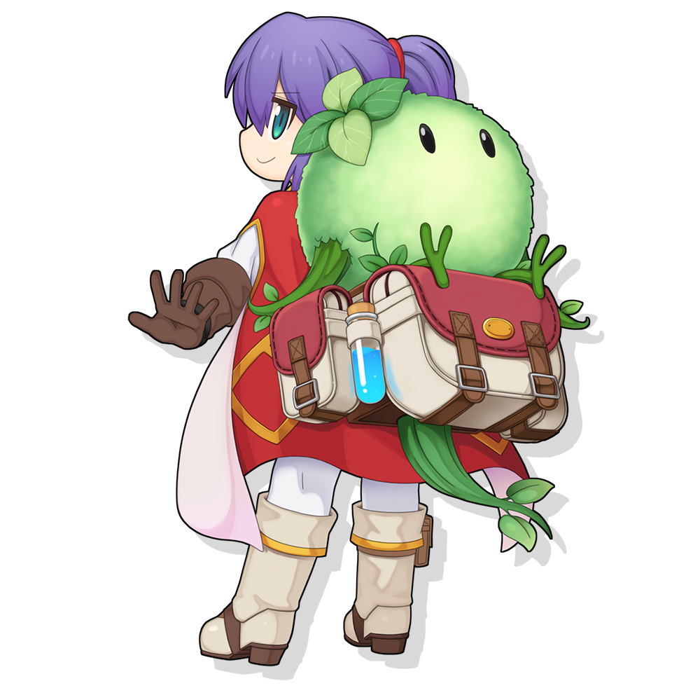 1boy biolo_(ragnarok_online) blue_eyes boots brown_gloves cape closed_mouth commentary_request from_behind full_body gloves grey_footwear high_ponytail looking_at_viewer looking_back male_focus official_art pants plant ponytail potion purple_hair ragnarok_online red_cape shirt simple_background smile standing transparent_background vial white_bag white_pants white_shirt yuichirou