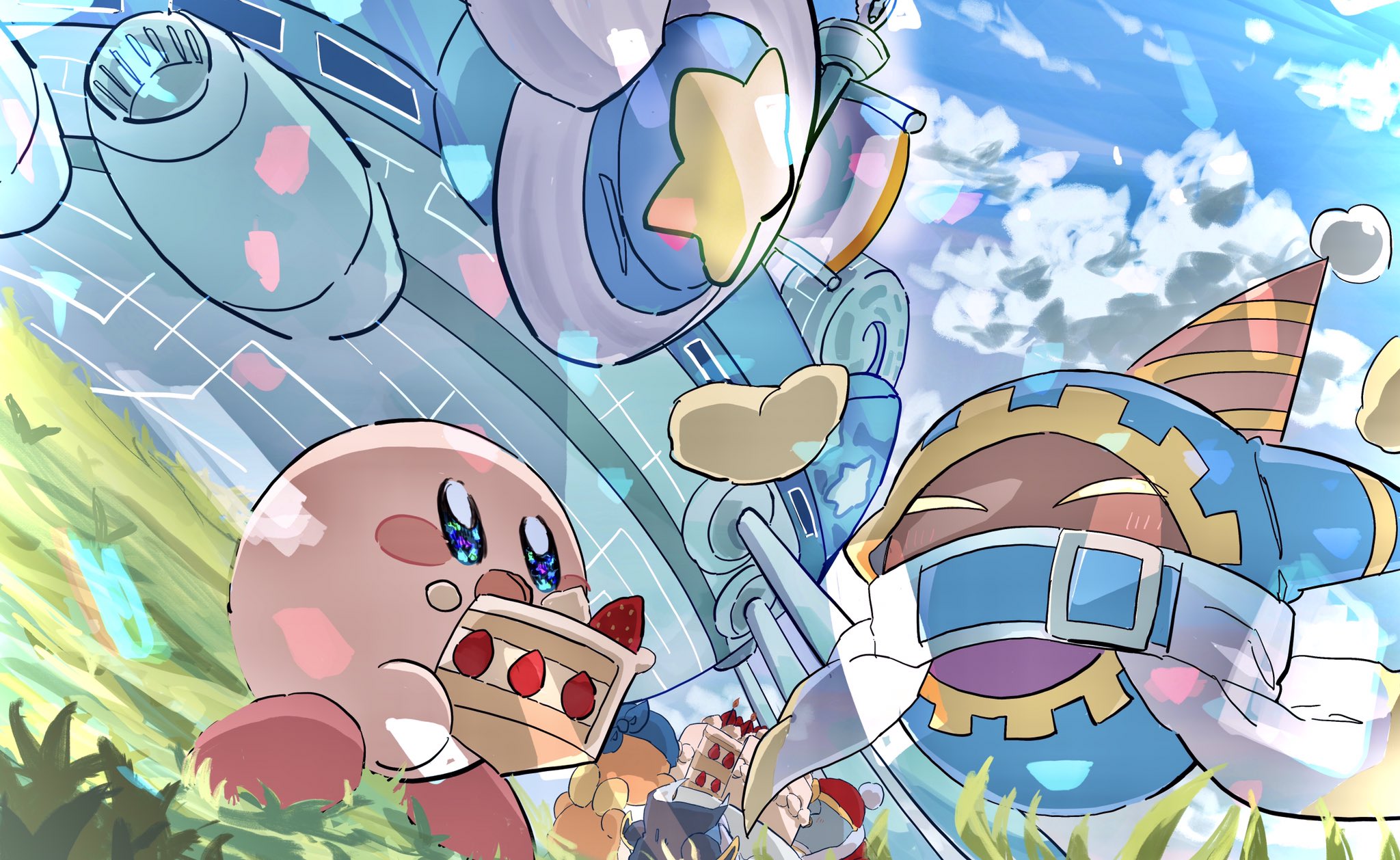 ^_^ animal_ears anniversary armor bandana bandana_waddle_dee beanie belt belt_buckle belt_collar birthday birthday_cake blue_bandana blue_belt blue_cape blue_eyes blue_hood blue_skin blue_sky blush_stickers buckle cake cake_slice cape closed_eyes cloud cns collar colored_skin commentary_request confetti covered_mouth crumbs day dutch_angle ear_covers floating_cape food from_behind fruit fur-trimmed_robe fur_trim gear_print gloves grass grey_mask hands_up happy hat highres holding holding_food icing king_dedede kirby kirby's_return_to_dream_land kirby_(series) lifting_person light_blush lor_starcutter magolor meta_knight nintendo open_mouth orange_hat orange_skin outdoors party_hat pauldrons pink_skin pom_pom_(clothes) pom_pom_beanie pom_pom_hat_ornament rayman_limbs red_footwear red_hat red_robe robe scarf shoes shoulder_armor sky smile sparkling_eyes standing_on_shoulder star_(symbol) strawberry strawberry_shortcake striped_clothes striped_headwear table waddle_dee white_cape white_gloves white_scarf yellow_shoes