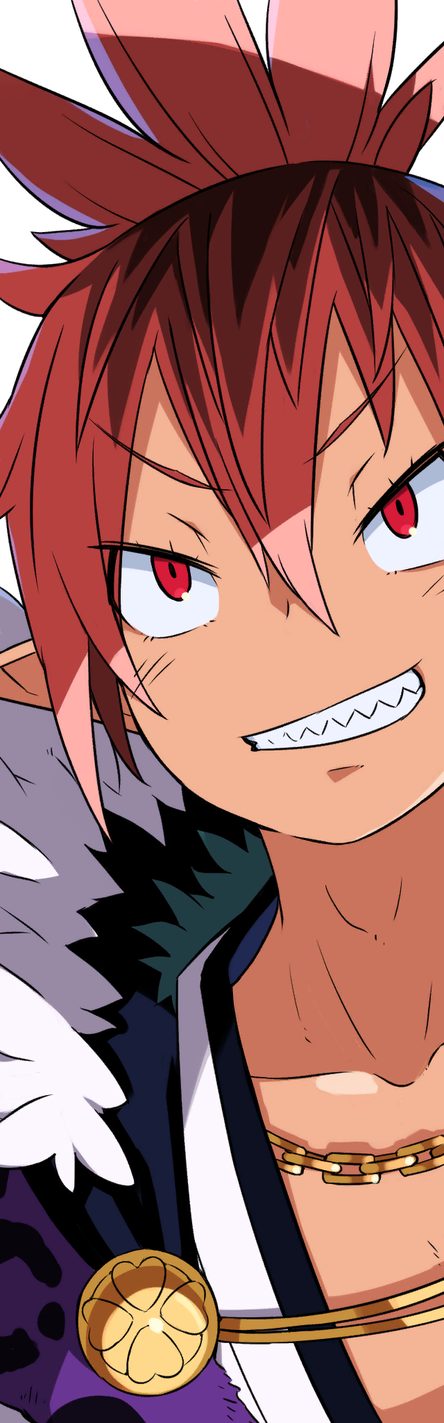 1boy brown_hair demon_boy disgaea fur_trim grin hair_between_eyes harada_takehito highres makai_senki_disgaea_7 male_focus multicolored_hair official_art pink_hair pointy_ears red_eyes sharp_teeth smile solo teeth two-tone_hair white_background edogawa_yeyasu