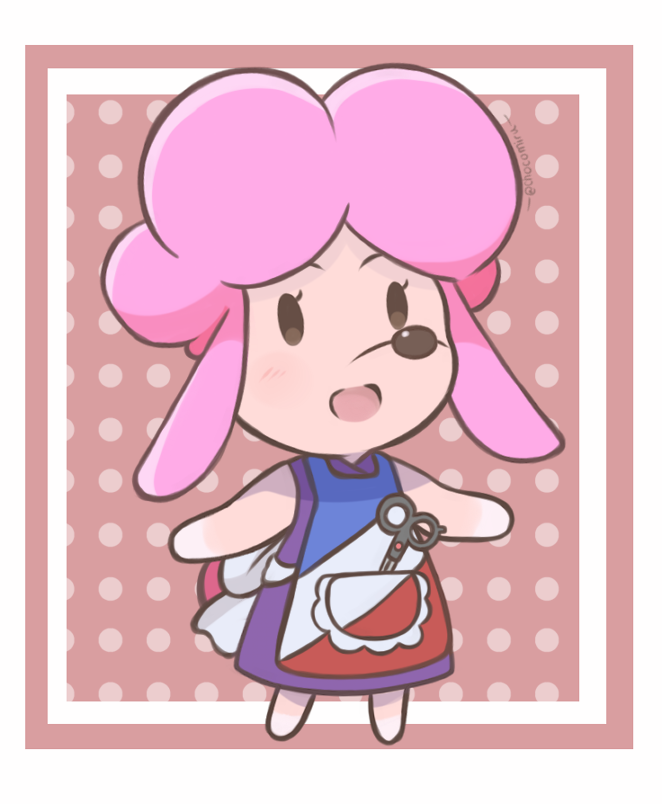 :d animal_crossing animal_ears apron chocomiru dog dog_ears harriet_(animal_crossing) nintendo open_mouth pink_hair poodle simple_background smile