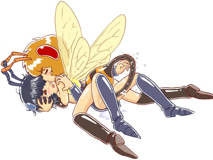 2girls ant ant_girl antennae arthropod_girl bee bee_girl black_hair brown_hair bug food fruit hornet_girl insect insect_girl licking licking_another&#039;s_face melon monster_girl multiple_girls pukao short_hair tail tail_insertion tail_rape wasp wasp_girl white_background wings yuri