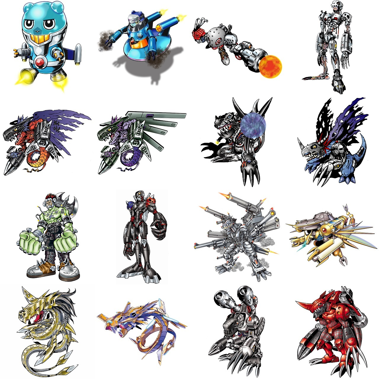 aegisdramon android andromon axe boltmon cannon chaosdramon crack_team cyborg digimon digimon_(creature) dragon energy espimon floating gigadramon gigaseadramon gun gundramon hiandromon highres hoverespimon megadramon metalgreymon_(virus) metalmamemon metalseadramon metaltyranomon mugendramon official_art orb weapon