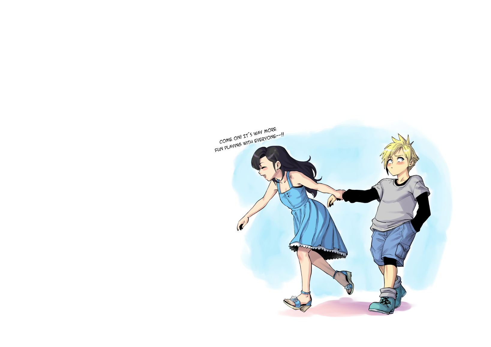 1boy 1girl aarokira aged_down averting_eyes black_hair black_shirt blue_dress blue_eyes blush closed_eyes cloud_strife denim denim_shorts dress english_text final_fantasy final_fantasy_vii grey_shirt hand_in_pocket happy highres layered_sleeves long_sleeves pulling_arm shirt short_over_long_sleeves short_sleeves shorts tifa_lockhart walking