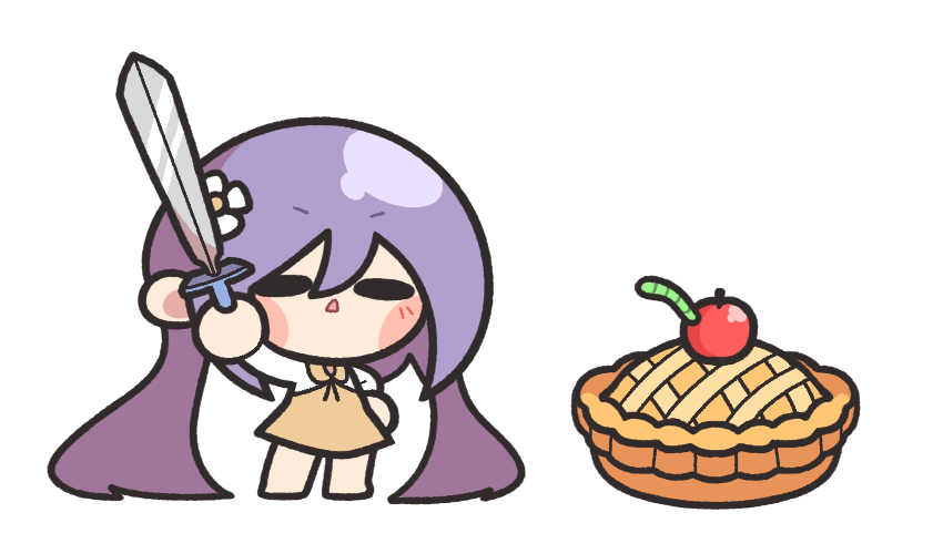 1girl apple apple_pie arm_up baek_ban barefoot blush_stickers chibi chibi_only collared_shirt flower food fruit hair_between_eyes hair_flower hair_ornament hand_on_own_hip holding holding_sword holding_weapon long_hair open_mouth pie purple_hair shirt simple_background skirt solo sword touhou tsukumo_benben twintails v-shaped_eyebrows weapon white_background white_flower white_shirt worm yellow_skirt