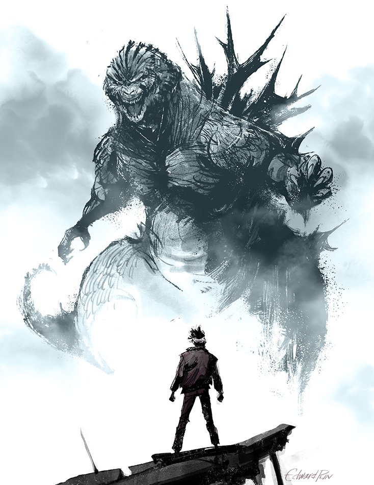 1boy bandaged_head bandages damaged edward_pun giant giant_monster godzilla godzilla_(minus_one) godzilla_(series) godzilla_minus_one jacket kaiju open_mouth shikishima_koichi smoke spines standing tail teeth toho