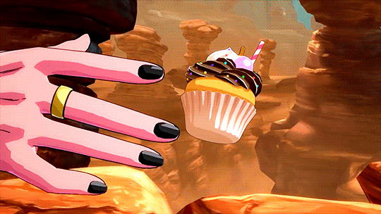 1girl 3d android_21 animated black_sclera bra breasts cake cleavage colored_sclera colored_skin dragon_ball dragon_ball_fighterz female_focus food holding majin_(race) majin_android_21 monster_girl nail_polish pink_skin pointy_ears red_eyes screencap smile solo standing underwear white_hair