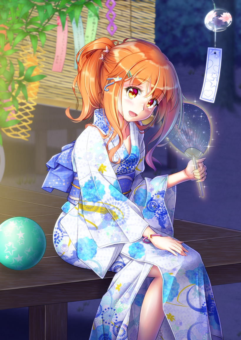 1boy :d blush bracelet butterfly_hair_ornament collarbone hair_between_eyes hair_ornament hairclip hand_fan holding holding_fan japanese_clothes jewelry kimono lamp long_hair looking_at_viewer male_focus natsusora_wakana night novady open_mouth orange_eyes orange_hair original ponytail sash sitting smile tanabata trap white_kimono yukata