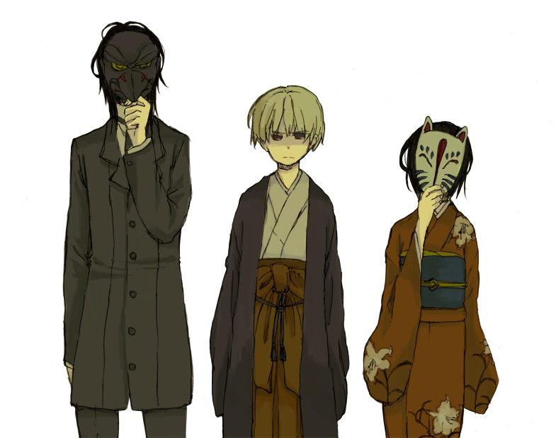 1girl 2boys black_choker black_hair bob_cut brown_eyes brown_hakama choker covered_face floral_print floral_print_kimono flower formal_clothes fox_mask frown grey_hair hakama haori haruka_(tactics) hatching_(texture) height_difference holding holding_mask ichinomiya_kantarou japanese_clothes kimono kitsune kosode lily_(flower) linear_hatching looking_at_viewer mask mixed_media multiple_boys obi obiage obijime pen_(medium) print_kimono red_kimono sash short_hair suit tactics tengu tengu_mask traditional_media traditional_youkai unyonaka_(nakamura) white_background youko_(tactics)