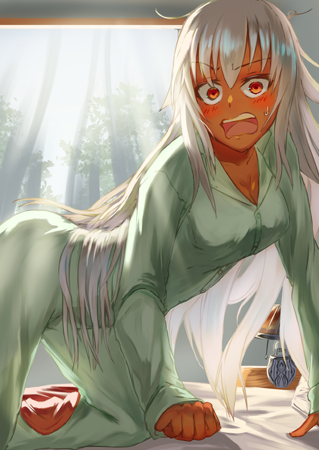 1girl bed blush dark_skin embarrassed fate/grand_order fate_(series) grey_hair inugami86 lakshmibai_(fate) long_hair looking_at_viewer messy_hair open_mouth pajamas red_eyes solo sweatdrop