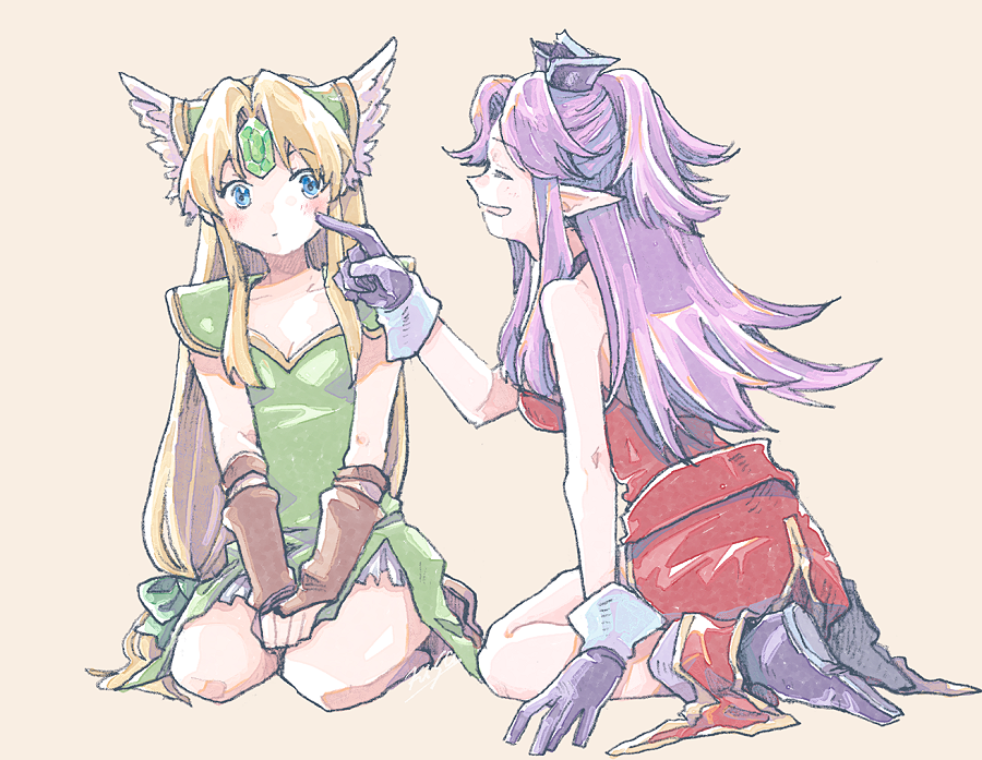 2girls angela_(seiken_densetsu_3) armor bare_arms blonde_hair blue_eyes blush boots breasts bridal_gauntlets cleavage closed_mouth collarbone crown dress forehead_jewel gem gloves green_dress green_gemstone grey_background hair_intakes helmet long_hair low-tied_long_hair michibata_65 mini_crown multiple_girls pauldrons pointy_ears purple_boots purple_gloves purple_hair red_dress riesz seiken_densetsu seiken_densetsu_3 short_dress shoulder_armor simple_background sketch sleeveless sleeveless_dress small_breasts very_long_hair winged_helmet