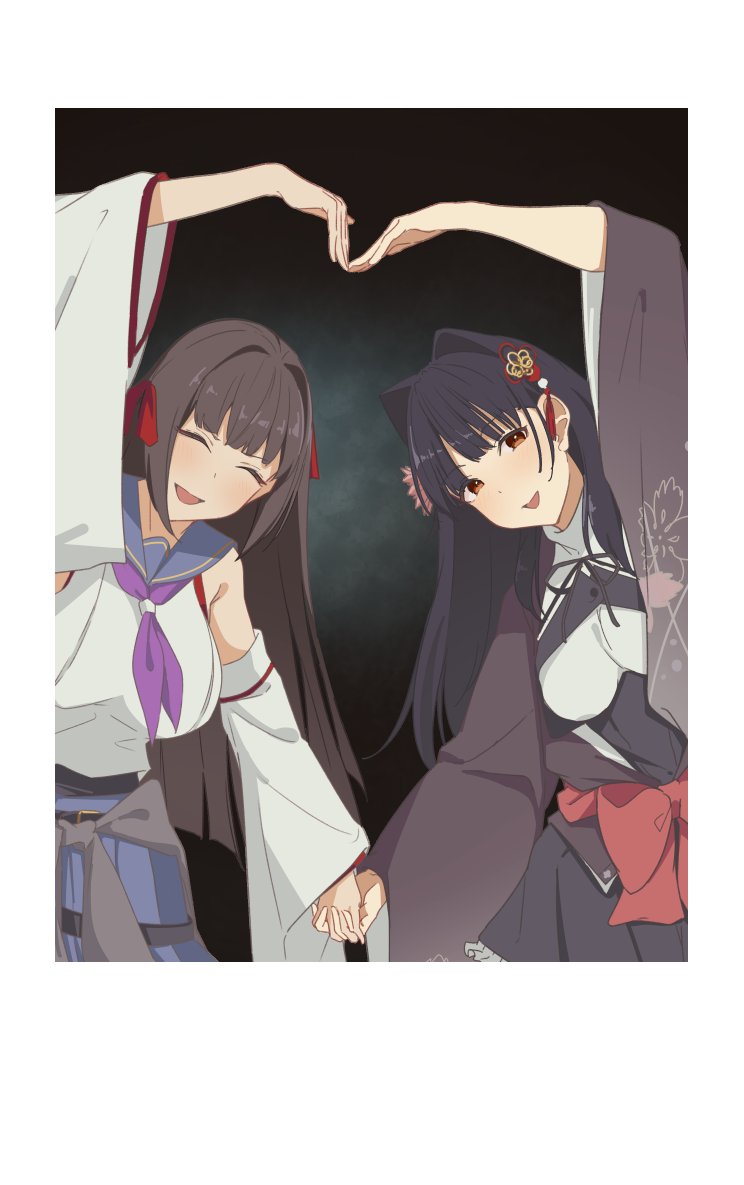 2girls :d ^_^ actor_connection arisawa_mifuu arm_up assault_lily bare_shoulders belt belt_buckle black_background black_belt black_hair black_ribbon black_shirt black_skirt blue_sailor_collar blue_skirt blunt_bangs blunt_ends border bow breasts brown_eyes brown_hair buckle buttons closed_eyes clothes_around_waist commentary_request crop_top cropped_jacket detached_sleeves facing_viewer fake_photograph floral_print flower frilled_skirt frills hair_flower hair_intakes hair_ornament hair_ribbon haori hata_misaki heart_arms heart_arms_duo high-waist_skirt holding_hands interlocked_fingers japanese_clothes kozue_west kurokawa_nadi_hanna large_breasts leaning_to_the_side long_hair long_sleeves looking_at_viewer medium_breasts miniskirt multiple_girls natsumiya_kuina neck_ribbon neckerchief odaiba_girls_high_school_uniform open_mouth photo-referenced pink_flower pleated_skirt purple_neckerchief red_bow ribbon sailor_collar school_uniform serafuku shirt simple_background skirt smile standing tassel tassel_hair_ornament undershirt white_border white_shirt wide_sleeves yurigaoka_girls_academy_school_uniform