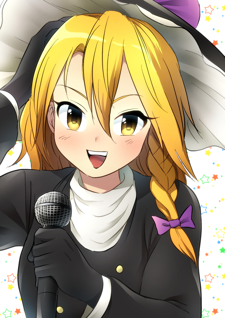 1girl black_coat black_gloves black_hat blonde_hair blush bow braid buttons coat commentary_request cookie_(touhou) frilled_hat frills gloves hair_between_eyes hair_bow hand_on_own_head hat holding holding_microphone kirisame_marisa long_hair looking_at_viewer meis_(terameisu) microphone open_mouth purple_bow rei_(cookie) side_braid single_braid smile solo star_(symbol) touhou upper_body white_background witch_hat yellow_eyes