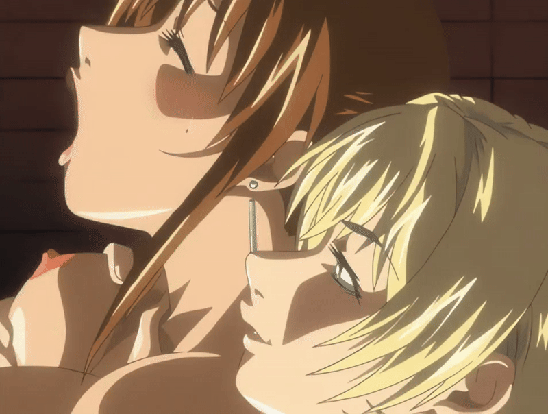 00s 2007 2futa american animated animated_gif anime_screenshot bible_black bible_black_new_testament blonde_hair blue_eyes bouncing_breasts breasts brown_hair collarbone earrings futa_with_futa futanari grabbing_another&#039;s_breast grabbing_from_behind groping imari_kurumi implied_sex jewelry jody_crowley lipstick makeup multiple_futa nipples nude shin_bible_black side_ponytail smirk tagme