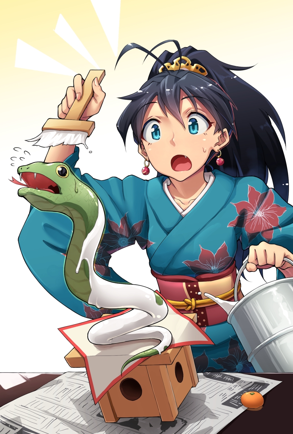 10s 1girl 2013 aya_shachou black_hair blue_eyes blush brush chinese_zodiac earrings fang female_focus flying_sweatdrops ganaha_hibiki highres idolmaster idolmaster_(classic) japanese_clothes jewelry kimono long_hair new_year newspaper open_mouth paint paintbrush painting_(action) ponytail ribbon snake snake_(chinese_zodiac) solo sweatdrop white_paint
