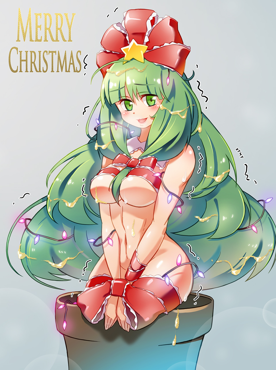 1girl :d ahoge alternate_hair_length alternate_hairstyle bdsm blush bondage bound bound_wrists breasts breath chinese_commentary christmas christmas_lights commentary_request cowboy_shot female_focus flower_pot frilled_ribbon frills front_ponytail green_eyes green_hair grey_background groin hair_ornament hair_ribbon highres kagiyama_hina lens_flare long_hair looking_at_viewer medium_breasts merry_christmas navel no_nipples nude open_mouth red_ribbon ribbon simple_background smile solo star_(symbol) star_hair_ornament stomach sweat touhou very_long_hair xin_yu_hua_yin