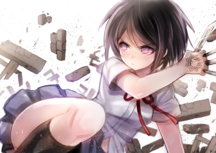 1girl between_fingers black_hair black_legwear black_skirt kneehighs chiko combat_knife danganronpa:_trigger_happy_havoc danganronpa_(series) debris falling hand_tattoo holding holding_knife ikusaba_mukuro knife knives_between_fingers looking_to_the_side navel purple_eyes shirt skirt tattoo weapon
