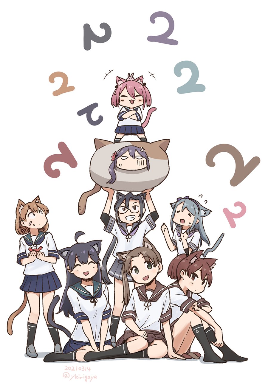 akebono_(kancolle) amagiri_(kancolle) animal animal_costume animal_ears animal_on_head ayanami_(kancolle) black_hair blue_sailor_collar blue_skirt brown_sailor_collar brown_skirt cat_costume cat_ears cat_tail crab extra_ears facing_viewer glasses grey_hair grin highres kantai_collection kirigaya_yuuji lifting_object long_hair oboro_(kancolle) on_head pink_hair pleated_skirt ponytail rabbit rabbit_on_head sagiri_(kancolle) sailor_collar sazanami_(kancolle) school_uniform serafuku shikinami_(kancolle) short_hair side_ponytail simple_background skirt smile standing tail ushio_(kancolle) white_background