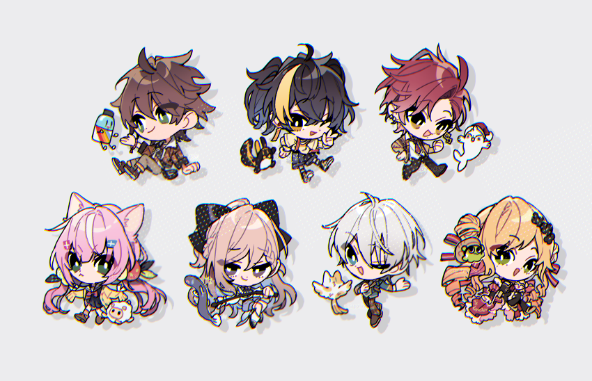 3boys 4girls ahoge animal_ears black_bow black_hair blonde_hair blue_eyes blue_jacket bottle bow brown_hair brown_jacket cat_ears chibi chibi_only double_bun gaon_(nijisanji) green_eyes ha_yun hair_bow hair_bun jacket long_hair long_sleeves looking_at_viewer low_twintails medium_hair min_suha multicolored_hair multiple_boys multiple_girls nijisanji nijisanji_kr oh_jiyu one_eye_closed open_mouth parted_bangs pink_hair sapphire_(nine) seffyna simple_background smile so_nagi streaked_hair twintails very_long_hair virtual_youtuber white_background white_hair yang_nari yellow_eyes
