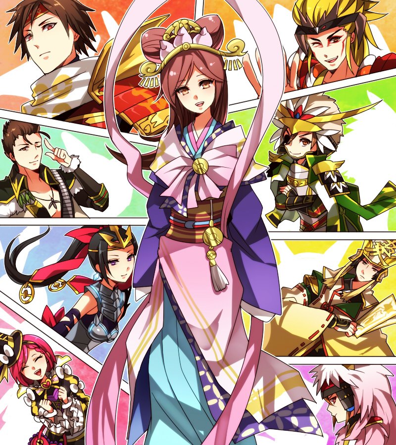 armor black_hair brown_eyes brown_hair closed_eyes date_masamune date_masamune_(sengoku_musou) hair_ornament hair_ribbon hat headdress helmet hosokawa_gracia inahime ishida_mitsunari ishida_mitsunari_(sengoku_musou) japanese_clothes kimono maeda_keiji naoe_kanetsugu nintendo obi oichi oichi_(pokemon_conquest) poke_ball_print pokemon pokemon_conquest purple_eyes red_hair ribbon saika_magoichi sanada_yukimura sanada_yukimura_(sengoku_musou) sash scarf sengoku_musou smile tiara top_hat