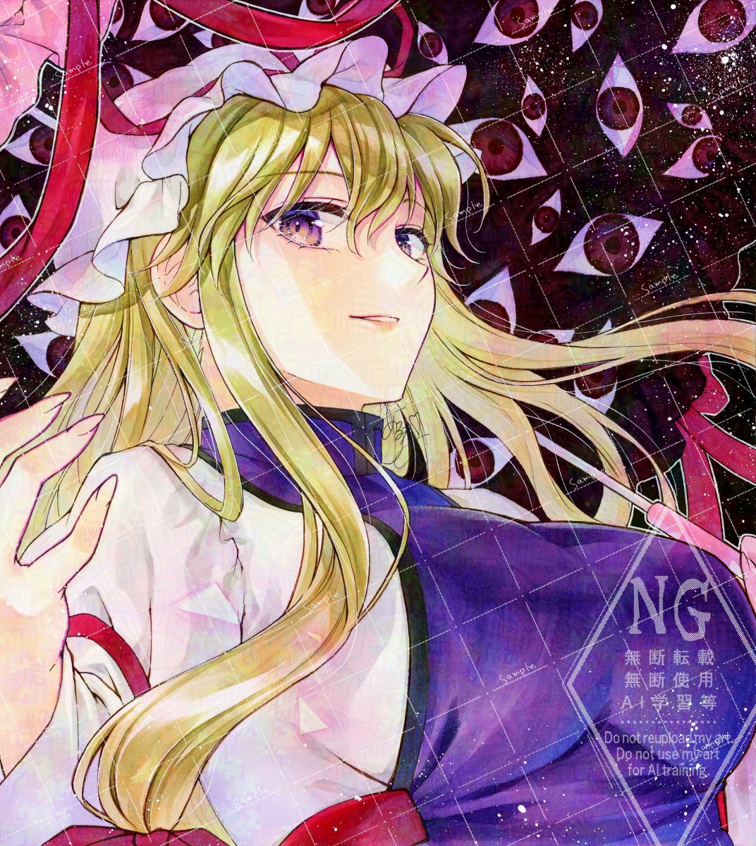 1girl alto2019 blonde_hair breasts dress from_side gap_(touhou) hair_between_eyes hat highres holding holding_umbrella large_breasts long_hair long_sleeves looking_at_viewer mob_cap purple_eyes purple_tabard smile solo tabard touhou traditional_media umbrella upper_body watermark white_dress yakumo_yukari