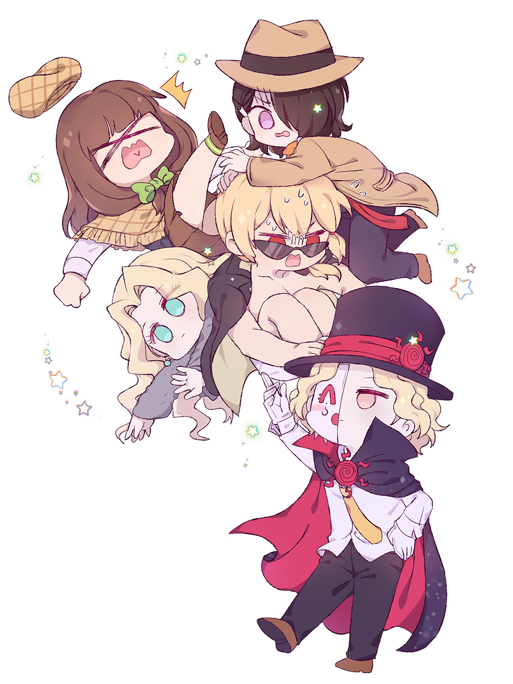2girls 3boys beret black_cape black_hair black_hat black_jacket black_pants blonde_hair blue_eyes brown_footwear brown_hair brown_hat brown_jacket brown_skirt cape capelet chibi clenched_hand coat danganronpa_another earrings fur_coat gloves half_mask hand_on_own_hip hat highres hugging_own_legs jacket jacket_on_shoulders jewelry korean_commentary long_hair magorobi_emma makunouchi_hajime mask medium_hair multiple_boys multiple_girls necktie nijiue_iroha open_clothes open_jacket orange_scarf pants ponytail purple_eyes red_eyes sannoji_mikado scarf shirt short_ponytail shorts skirt star_(symbol) sunglasses super_danganronpa_another_2 sweat two-sided_cape two-sided_fabric unworn_hat unworn_headwear wavy_hair white_gloves white_shirt white_shorts yellow_necktie yomiuri_nikei yoon346974
