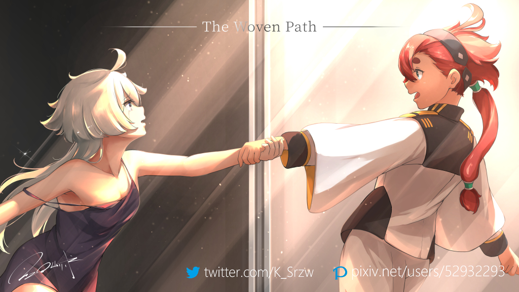 2girls ahoge asticassia_school_uniform black_hairband breasts cleavage collarbone commentary english_text episode_title gundam gundam_suisei_no_majo hairband long_hair low-tied_long_hair low_ponytail messy_hair miorine_rembran multiple_girls pixiv_id pixiv_logo ponytail pulling red_hair school_uniform serike_w signature small_breasts strap_slip suletta_mercury twitter_logo twitter_username upper_body white_hair yuri