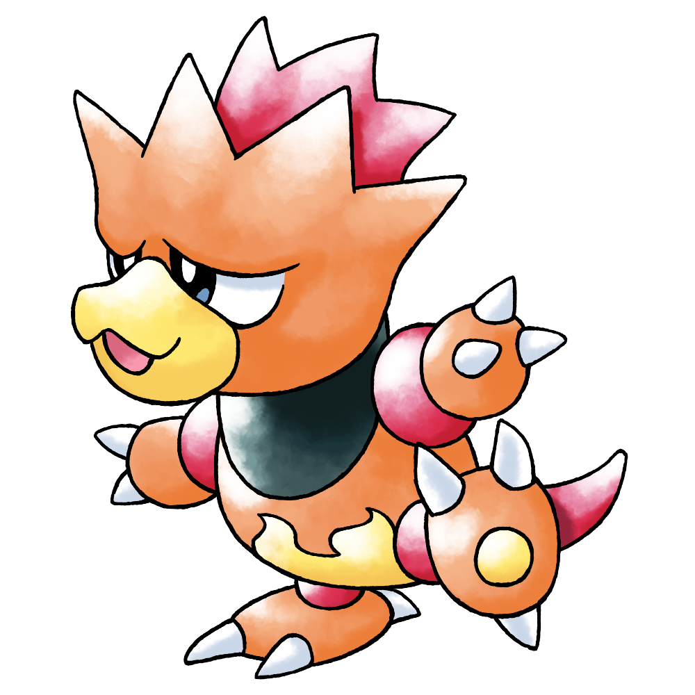 :3 blue_eyes claws colored_skin derivative_work fewer_digits full_body gen_2_pokemon half-closed_eyes looking_ahead magby magby_(prototype) nintendo no_humans official_style open_mouth orange_skin outstretched_arms pokemon pokemon_(creature) pokemon_focus pokemon_gsc_(prototype) prototype_design raciebeep red_tail simple_background solo standing standing_on_one_leg sugimori_ken_(style) tachi-e transparent_background watercolor_effect