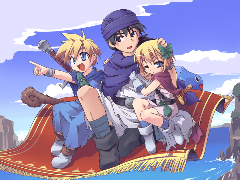 1girl 2boys blonde_hair blue_eyes bow brother_and_sister cape child dragon_quest dragon_quest_v flying gloves hair_bow hero&#039;s_daughter_(dq5) hero&#039;s_son_(dq5) hero_(dq5) magic_carpet mof multiple_boys ocean one_eye_closed pointing poring redrantem short_hair siblings sky slime_(creature) slime_(dragon_quest) square_enix staff sword tomoshibi_hidekazu turban water weapon wink