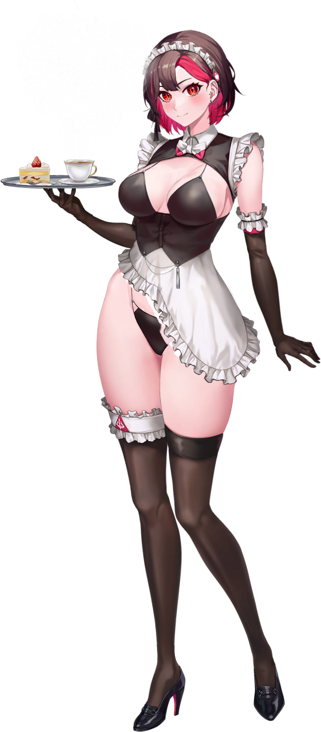 1girl apron armband bikini black_bikini black_footwear black_gloves black_ribbon breasts brown_hair brown_thighhighs buttons cake cake_slice closed_mouth collar colored_inner_hair cup d-log ear_piercing elbow_gloves food fork framed_breasts frilled_apron frilled_armband frilled_thighhighs frills fruit full_body game_cg gloves high_heels highleg highleg_bikini highres holding holding_tray large_breasts last_origin looking_at_viewer maid maid_apron maid_bikini maid_headdress merlin_(last_origin) multicolored_hair multicolored_ribbon neck_ribbon official_alternate_costume official_art piercing pink_ribbon plate red_eyes red_hair revealing_clothes ribbon short_hair simple_background skindentation slit_pupils smile smoke smoke_heart solo strawberry strawberry_cake streaked_hair string_bikini swimsuit tachi-e teacup thighhighs third-party_source transparent_background tray two-tone_hair unconventional_maid underbust white_apron white_armband white_collar white_ribbon