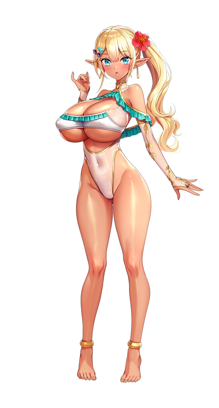 akagi_rio ankleband blonde_hair blue_eyes breasts cleavage dark earrings elf flower gyaru gymnast_leotard hair_flower hair_ornament hairpin highres huge_breasts jewelry leotard look-alike milk_factory motto!_haramase!_honoo_no_oppai_isekai_oppai_maid_gakuen! myunmyun_lafleur parody pointy_ears ponytail transparent_background underboob