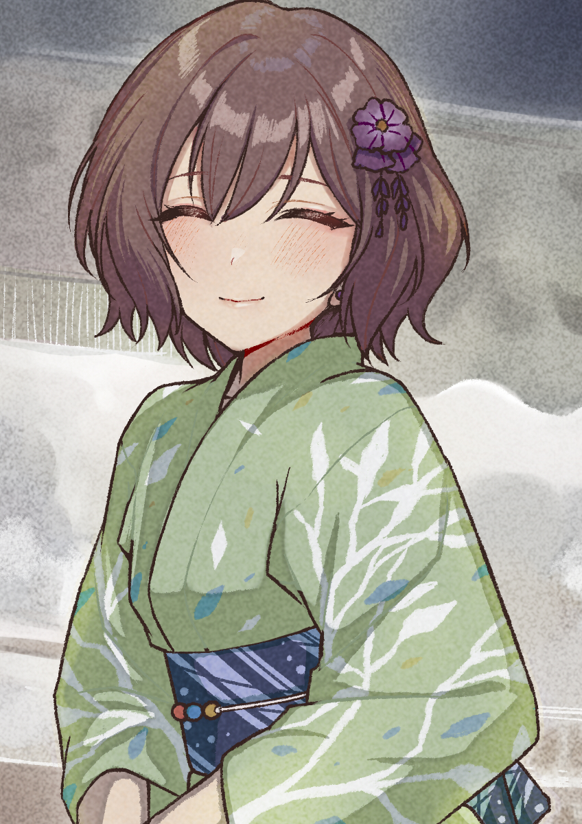 1girl ^_^ blush brown_hair closed_eyes commentary_request flower gakuen_idolmaster green_kimono hair_flower hair_ornament highres idolmaster japanese_clothes kimono neo_asari obi oumi_mizu sash short_hair smile solo upper_body yukata