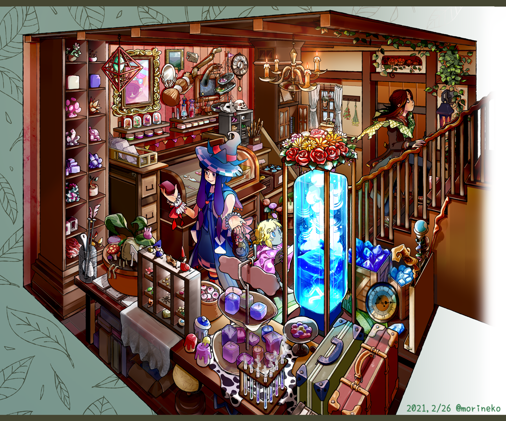 1girl 2boys absurdly_detailed_composition artist_name bag blonde_hair blue_hair book bottle bow cabinet candle candlestand chandelier clock crystal crystal_ball cup dated drawer dress fantasy flask flower food fruit gem glasses hat holding indoors jar jewelry lamp lantern leaf letterboxed loaded_interior long_hair long_sleeves mirror multicolored_hair multiple_boys multiple_girls original picture_frame plant potion potted_plant purple_hair railing red_flower red_rose rose rug scroll shelf shop shunkashuntou skull smile stairs standing stove table vase window witch witch_hat