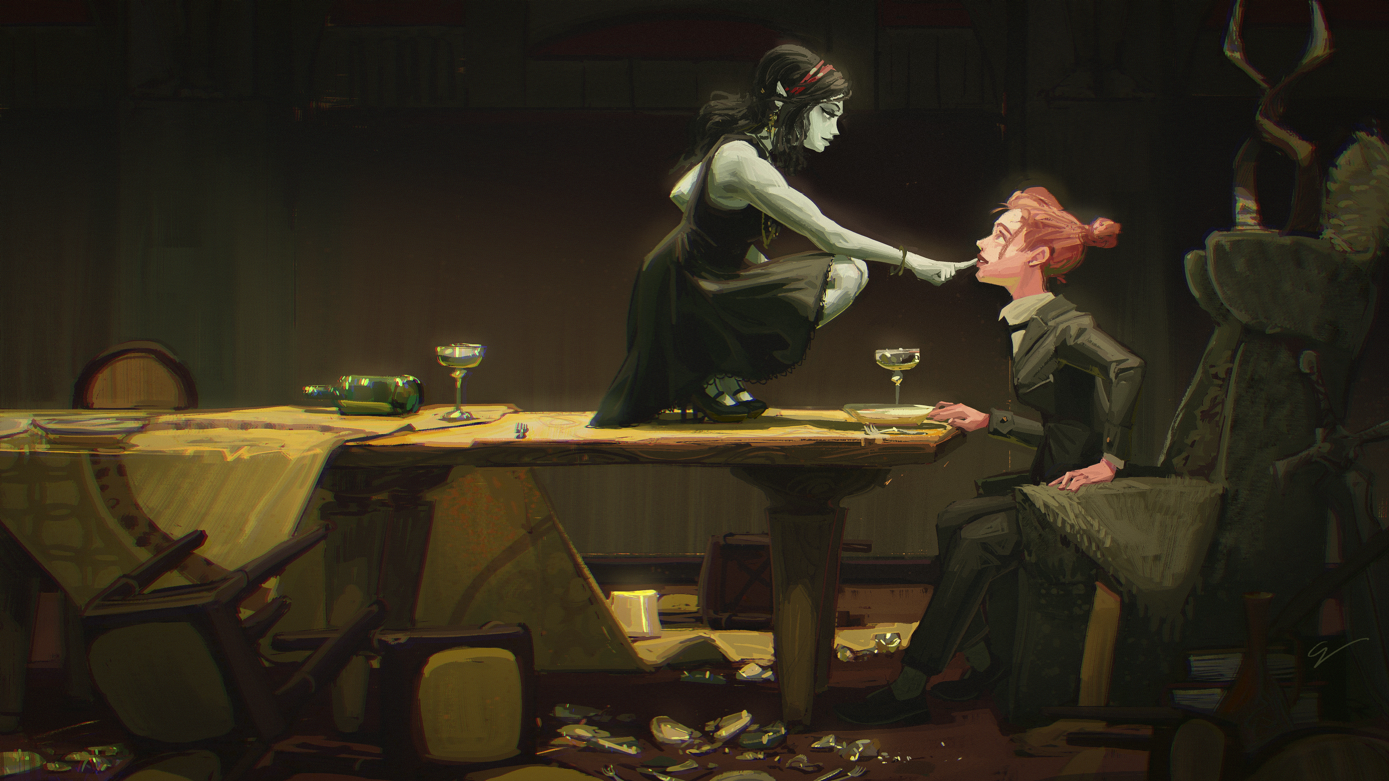 2girls absurdres adventure_time black_bow black_bowtie black_dress black_hair black_shoes black_suit bloom bow bowtie bracelet broken_plate chair chromatic_aberration colored_skin cup dress drinking_glass earrings film_grain finger_to_another's_mouth fork formal_clothes from_side glass_bottle grey_eyes grey_skin hair_bun hairband high_heels highres indoors jewelry long_hair looking_at_another low_ponytail marceline_abadeer multiple_girls necklace on_table pink_skin plate pointy_ears ponytail princess_bonnibel_bubblegum purple_eyes quiet_victories red_hair red_hairband shoes short_hair sidelocks signature single_hair_bun sitting sleeveless sleeveless_dress squatting suit table wide_shot