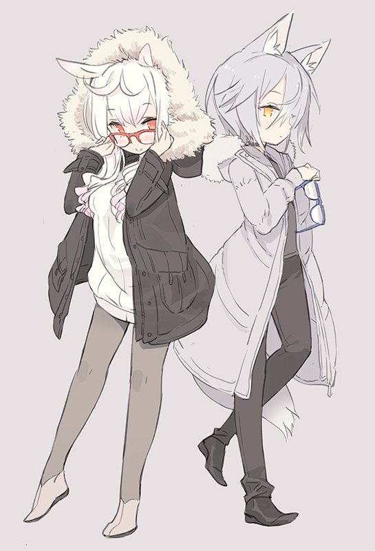 2girls animal_ears black_footwear black_jacket black_pants black_shirt blade_(galaxist) blue-framed_eyewear blush brown_footwear casual closed_mouth coat commentary_request unworn_eyewear fashion fur-trimmed_hood fur_trim fur_trimm grey_background grey_coat grey_legwear hair_between_eyes hair_over_one_eye holding holding_removed_eyewear hood hood_up hooded_jacket jacket kirara_ookami looking_at_viewer multiple_girls open_clothes open_coat orange_eyes over-rim_eyewear pants pantyhose pop-up_story profile rabbit_ears rabbit_girl red-framed_eyewear rita_drake semi-rimless_eyewear shirt shoes simple_background smile standing standing_on_one_leg sweater tail white_hair white_sweater wolf_ears wolf_girl wolf_tail yellow_eyes