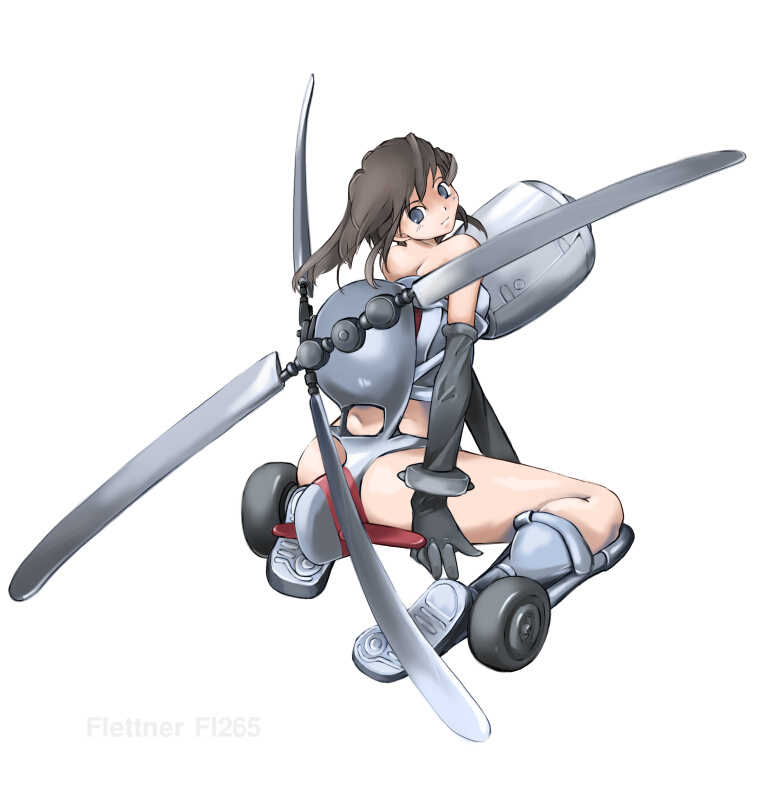 1girl aircraft ass blue_eyes brown_hair female_focus flettner_fl265 full_body helicopter long_hair looking_back mecha_musume military nano_(nanosize) original simple_background solo white_background
