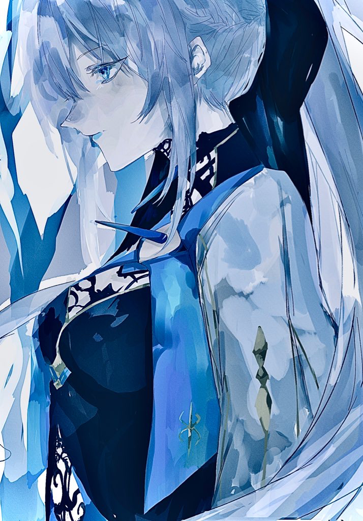 1girl blue_eyes blue_hair blue_lips blue_shirt blue_theme breasts closed_mouth expressionless fate/grand_order fate_(series) female_focus from_side lipstick long_hair long_sleeves makeup medium_breasts morgan_le_fay_(fate) morgan_le_fay_(queen_of_winter)_(fate) pale_skin ponytail profile shirt sidelocks sketch solo tugu_pi upper_body