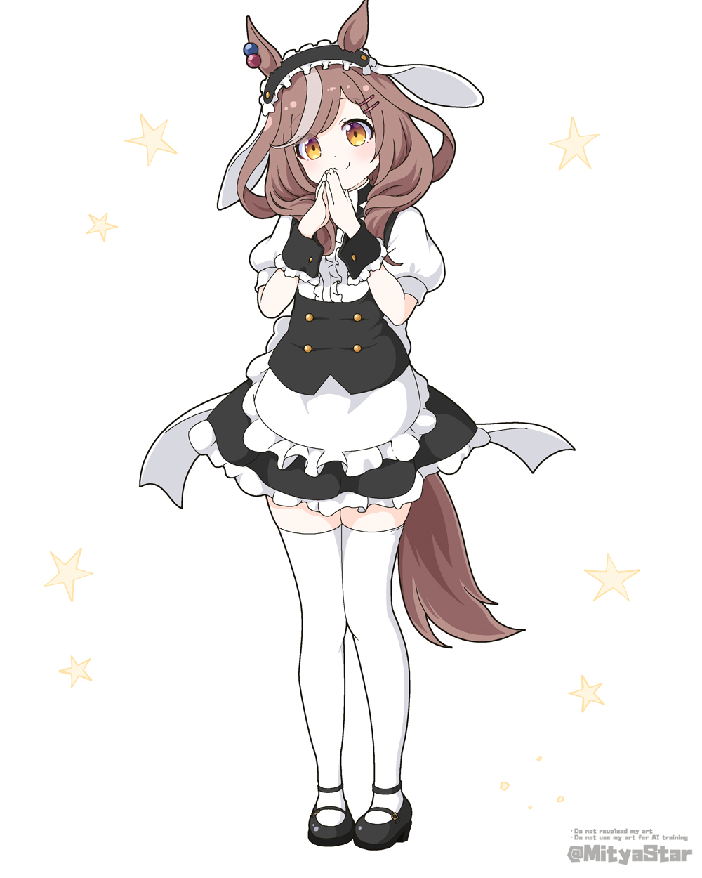 1girl animal_ears apron black_hairband black_shoes black_skirt brown_eyes brown_hair center_frills closed_mouth commentary_request employee_uniform english_text fake_animal_ears fleur_de_lapin_uniform floppy_ears frilled_apron frilled_hairband frilled_skirt frills full_body gochuumon_wa_usagi_desu_ka? hair_ornament hairband hairclip hands_up head_tilt highres horse_ears horse_girl horse_tail matikane_tannhauser_(umamusume) mitya multicolored_hair puffy_short_sleeves puffy_sleeves rabbit_ears shirt shoes short_sleeves simple_background skirt smile solo standing star_(symbol) steepled_fingers streaked_hair tail thighhighs twitter_username umamusume waitress watermark white_apron white_background white_shirt white_thighhighs wrist_cuffs
