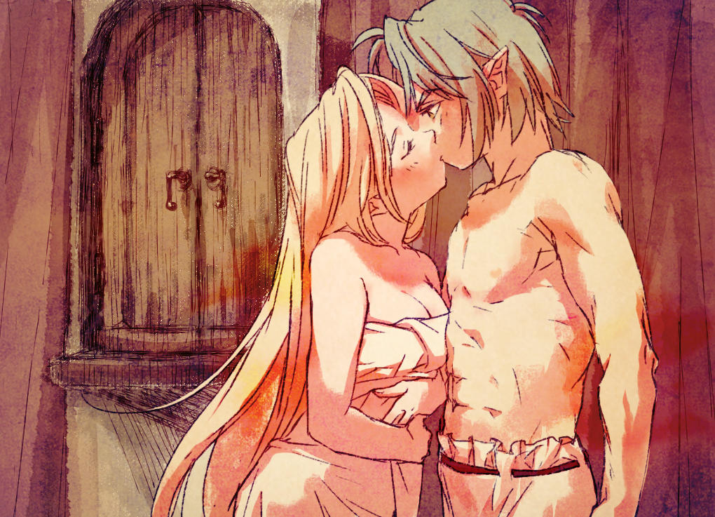 1boy 1girl blonde_hair blush breast_press closed_eyes filia_ul_copt green_hair indoors kiss long_hair looking_at_another mya_(mmyaaym) pants pointy_ears shirtless_male slayers slayers_try standing towel_over_breasts valgarv white_pants yellow_eyes