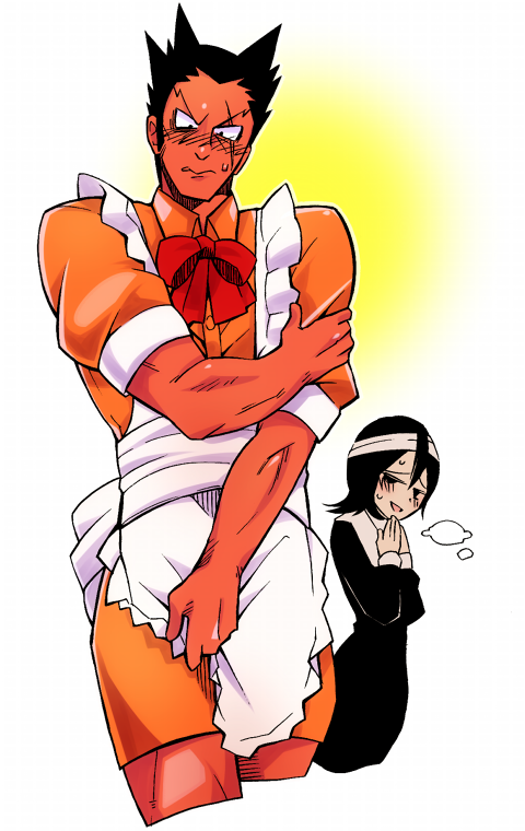 1boy 1girl ace_attorney apron bandaged_head bandages black_hair blush bow crossdressing dress embarrassed frilled_apron frills furio_tigre hand_on_own_arm laughing long_hair long_sleeves looking_at_another maid male_focus male_maid minashirazu muscular muscular_male official_alternate_costume open_mouth orange_dress phoenix_wright:_ace_attorney_-_trials_and_tribulations red_bow short_hair smile sweatdrop viola_cadaverini white_apron