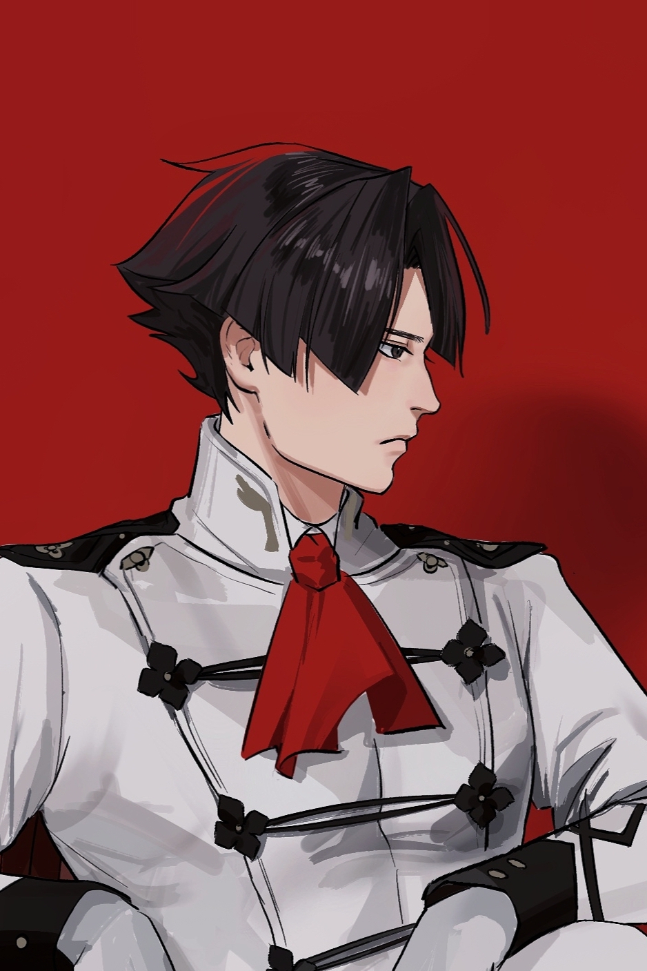 1boy ace_attorney ascot baishangwuding black_eyes black_hair chinese_commentary closed_mouth commentary_request curtained_hair frown gloves high_collar highres jacket kazuma_asogi long_sleeves looking_ahead male_focus military_jacket profile red_background short_hair sleeve_cuffs solo the_great_ace_attorney upper_body white_ascot white_gloves white_jacket