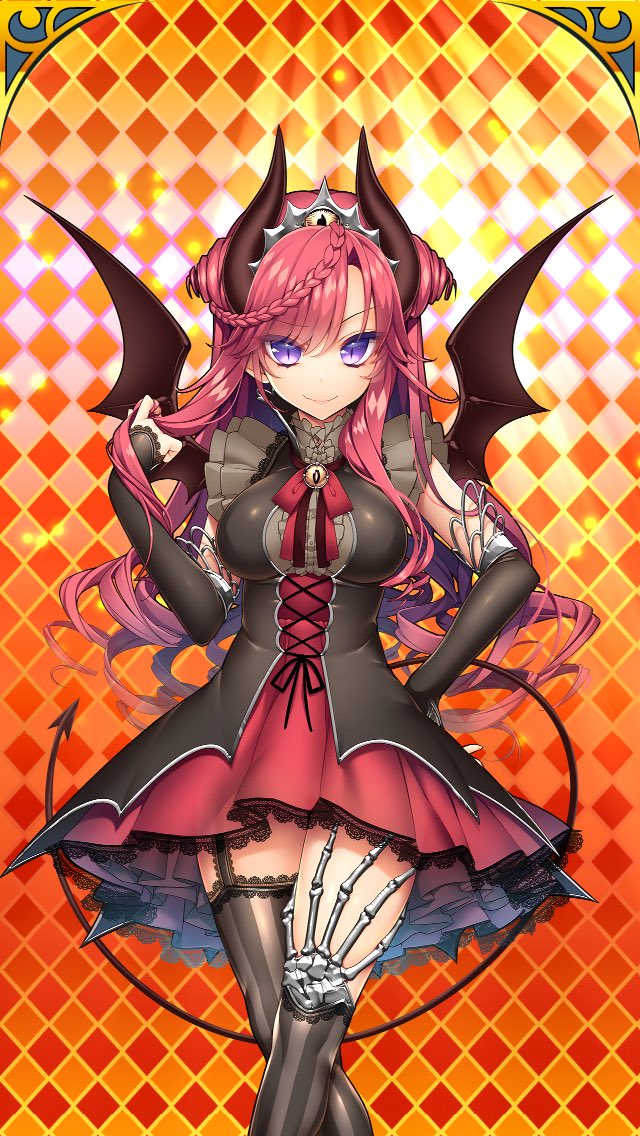 1girl argyle_background bare_shoulders bat_wings black_dress black_gloves black_sleeves blue_eyes blush bow braid breasts brooch chain-link_fence checkered_background checkered_floor closed_mouth cowboy_shot cross-laced_clothes demon_girl demon_horns demon_tail demon_wings detached_sleeves dress earrings elbow_gloves fence fishnets frilled_dress frills garter_straps giuniu gloves hair_between_eyes hair_ornament halloween hand_on_own_hip hand_up head_tilt heart hexagon high_collar honeycomb_(pattern) honeycomb_background horns jewelry lace large_breasts layered_dress long_hair long_sleeves looking_at_viewer lucian_luce medium_breasts nail_polish neck_ribbon orange_background outline patterned_background pink_hair plaid_background pointy_ears puffy_sleeves purple_eyes red_dress red_hair red_ribbon ribbon short_dress sidelocks skirt sleeveless sleeveless_dress smile solo stained_glass standing striped_clothes striped_dress tail thighhighs tile_floor tile_wall tiles turtleneck two_side_up uchi_no_hime-sama_ga_ichiban_kawaii underbust vertical-striped_clothes vertical-striped_dress very_long_hair virtual_youtuber wavy_hair wings zettai_ryouiki