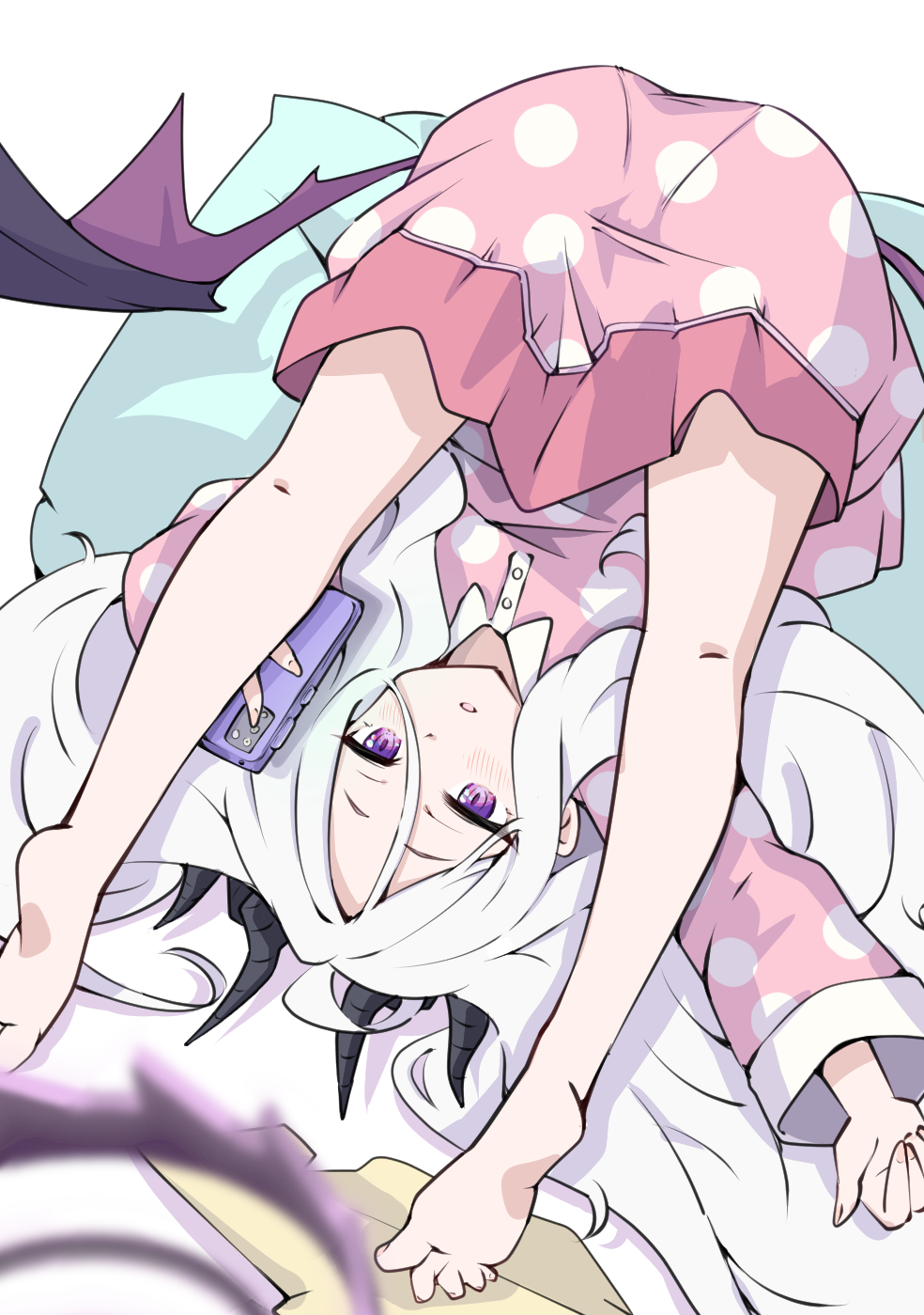 1girl barefoot bat_wings black_horns blue_archive cellphone commentary_request demon_girl demon_horns demon_wings dress feet highres hina_(blue_archive) hina_(pajamas)_(blue_archive) holding holding_phone horns kneepits long_hair long_sleeves mosuke1221 official_alternate_costume open_mouth phone pink_dress polka_dot polka_dot_dress purple_eyes smartphone soles toes upside-down white_hair wings