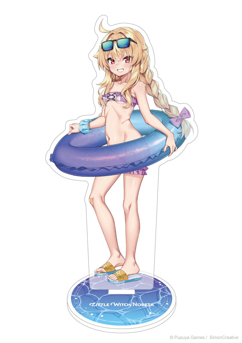 1girl bare_arms bare_legs bare_shoulders bikini blonde_hair braid breasts collarbone commentary_request company_name copyright_name copyright_notice eyewear_on_head feet full_body grin innertube knees little_witch_nobeta logo long_hair looking_at_viewer navel nobeta nobeta_(swimsuit_skin) official_alternate_costume official_art purple_bikini red_eyes shoes simple_background small_breasts smile solo stomach swim_ring swimsuit twin_braids underboob very_long_hair white_background