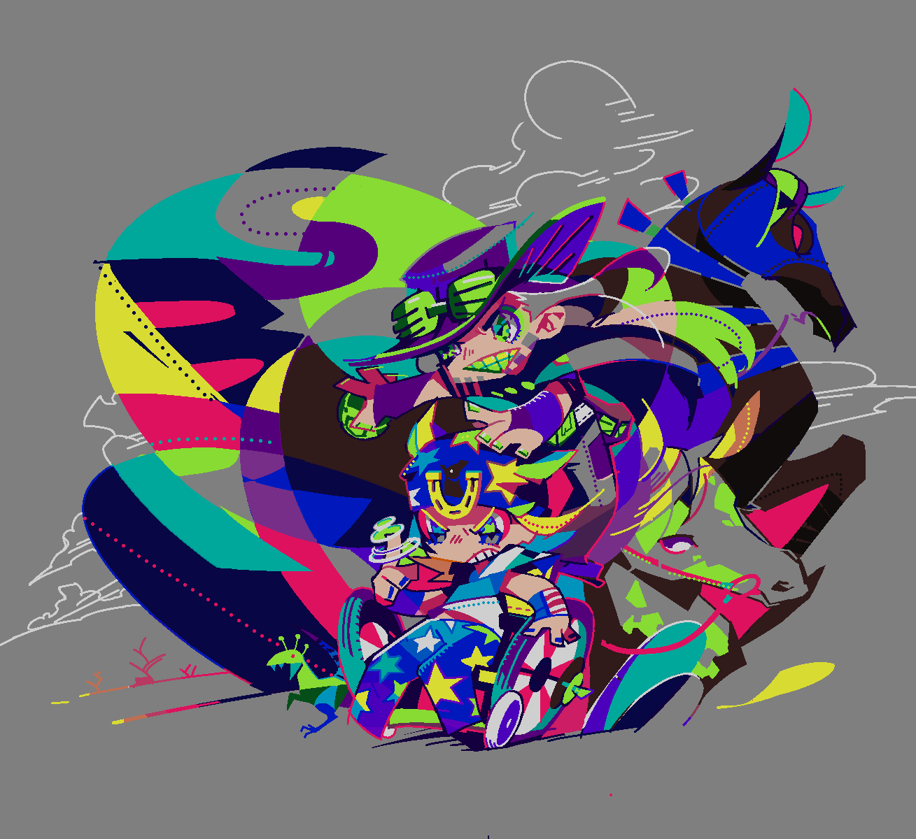 2boys animal cloud colorful commentary_request cowboy cowboy_hat deformed dinosaur full_body green_eyes grey_background grin gyro_zeppeli hat highres holding honnomusi323 horse johnny_joestar jojo_no_kimyou_na_bouken male_focus multiple_boys slow_dancer_(jojo) smile steel_ball_run valkyrie_(jojo) western wheelchair