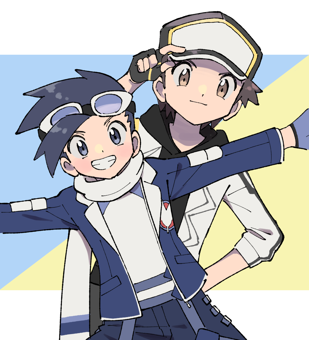 2boys black_hair black_hoodie blue_eyes blue_gloves blue_jacket brown_eyes brown_hair commentary_request ethan_(pokemon) ethan_(sygna_suit)_(pokemon) gloves goggles goggles_on_head grin hand_on_own_hip hat_tip hood hoodie jacket jacket_over_hoodie male_focus multiple_boys nintendo outstretched_arms pokemon pokemon_masters_ex pumpkinpan red_(pokemon) red_(sygna_suit)_(thunderbolt)_(pokemon) scarf smile white_jacket white_scarf