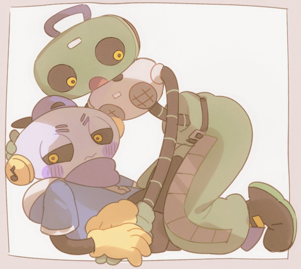2boys :o averting_eyes backwards_hat baseball_cap belt black_belt black_footwear blue_jacket blush boots border brown_border cap&#039;n_(deltarune) cd_player closed_mouth colored_shoe_soles commentary_request deltarune gloves green_gloves green_pants grey_background hand_on_another&#039;s_head hat hood hood_down hooded_jacket humanoid_robot implied_yaoi jacket k_k_(deltarune) looking_to_the_side male_focus mechanical_arms multiple_boys musical_staff_print ningzzz object_head open_mouth pants puffy_pants purple_bandana purple_hat robot short_sleeves simple_background musical_staff stuck_in_a_box tongue yellow_eyes yellow_gloves