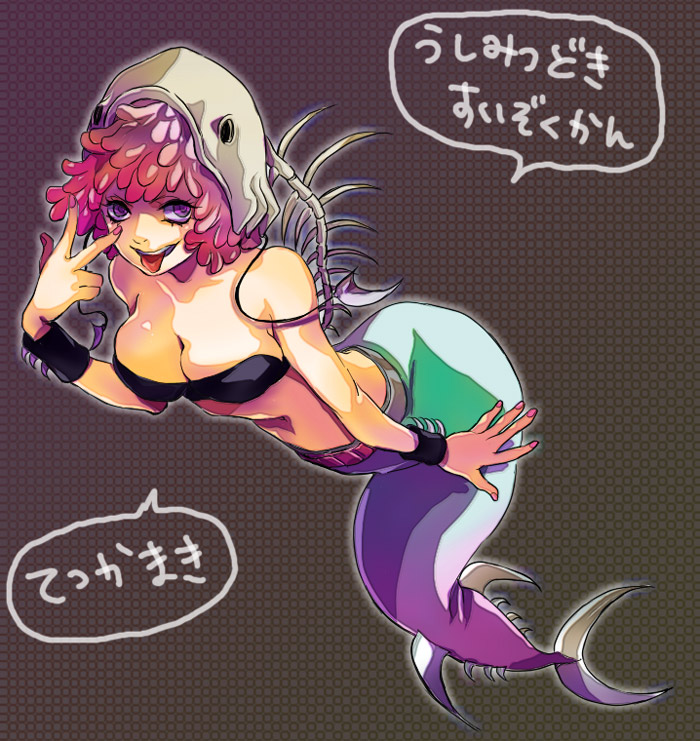 1girl :p amezamu bad_id bad_pixiv_id bandeau belt bent_over bone brown_background cuffs female_focus fish_skeleton mermaid monster_girl nail_polish oumagadoki_doubutsuen pink_eyes pink_hair pink_nails shaded_face short_hair skull solo strapless tekka_maki tongue tongue_out translated tube_top tuna w wristband