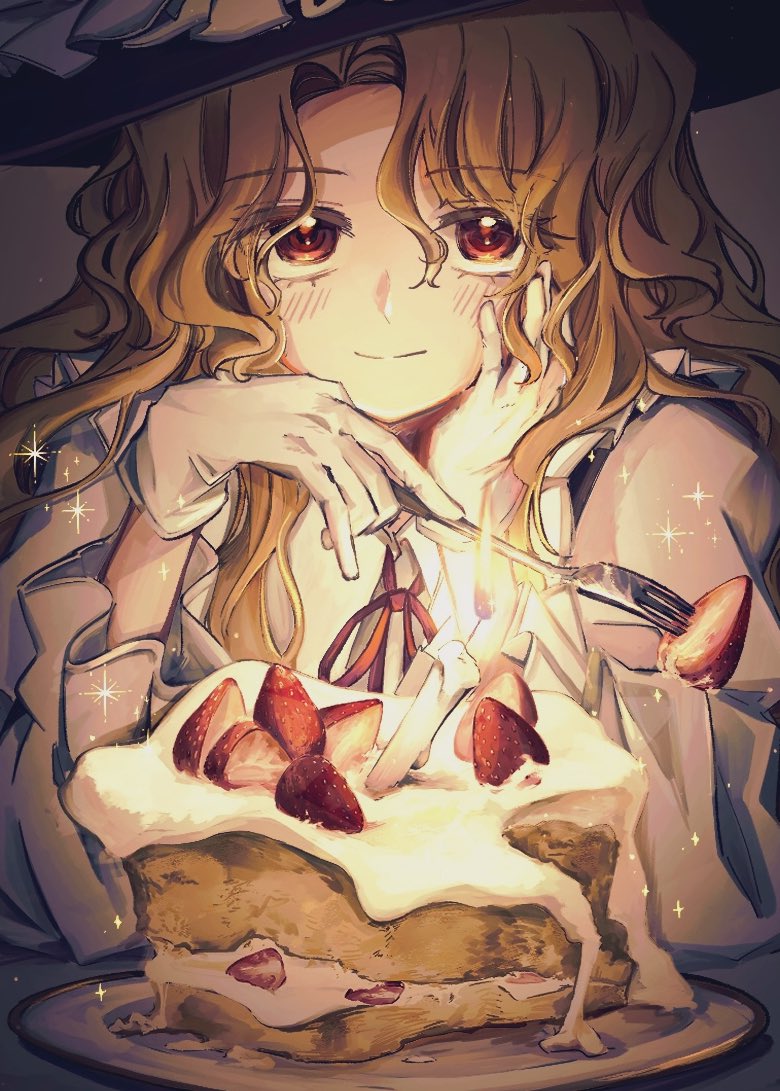 1girl blonde_hair brown_hat brown_vest cake cake_slice closed_mouth collared_shirt dolls_in_pseudo_paradise fedora food fork frilled_hat frills fruit gloves happy hat holding holding_fork jacket_girl_(dipp) long_hair looking_at_viewer neck_ribbon red_eyes red_ribbon ribbon shirt smile solo strawberry strawberry_shortcake touhou upper_body uzumibi very_long_hair vest wavy_hair white_gloves white_shirt
